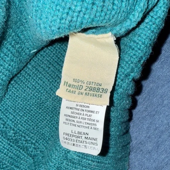LL Bean Vintage Cable Knit Sweater Teal Cotton XL Fisherman Crewneck 90s - Picture 6 of 10